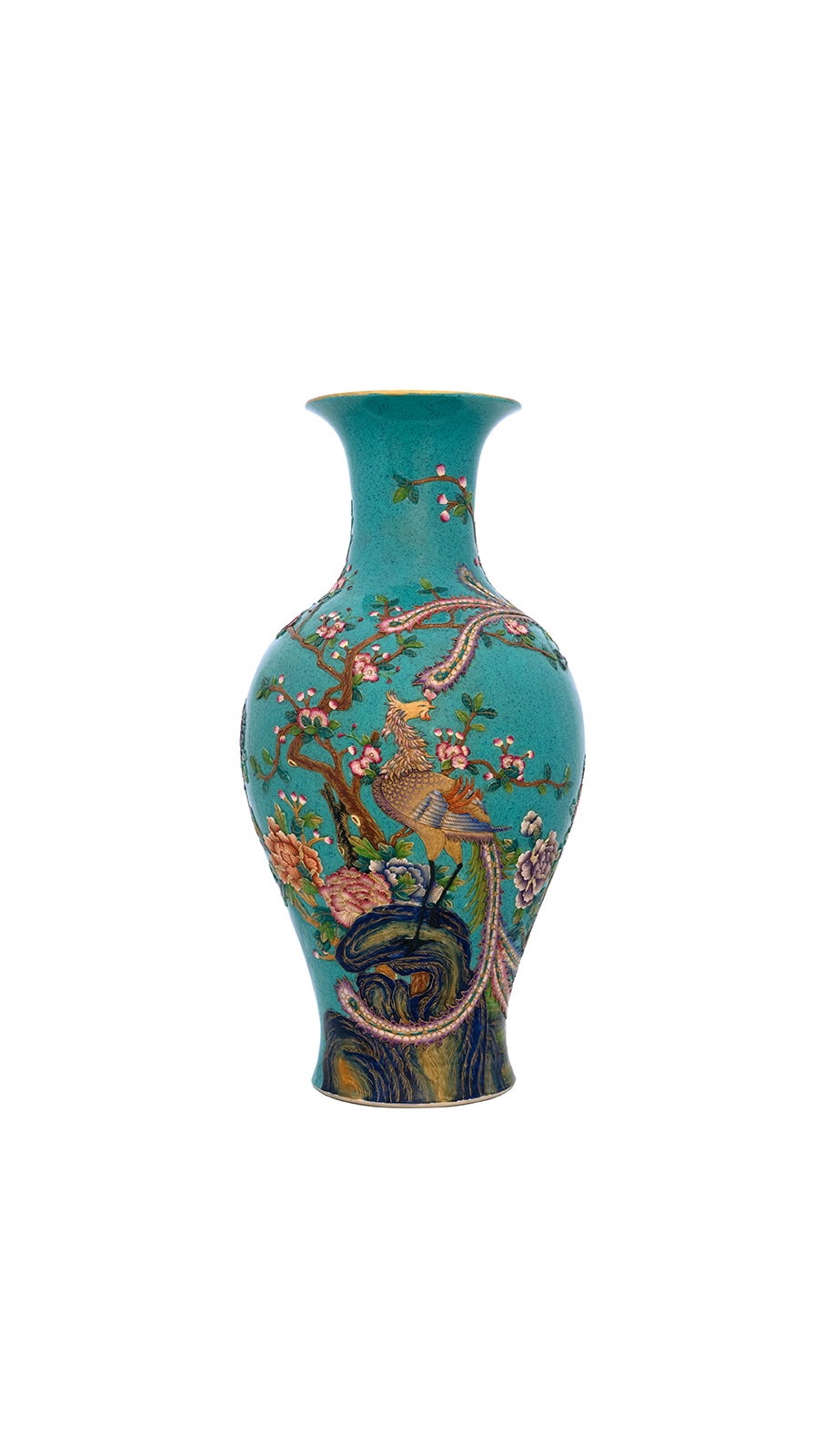 Modern Multicolored Applique Guanyin Vase in Blue Glaze with Phoenix and Peony Patterns - CIMB-CAP-2203-006